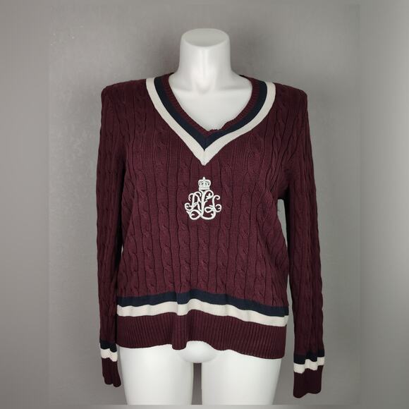 Ralph Lauren Cable-Knit Cotton Cricket Sweater XXL Burgundy, Crest Logo, Preppy - Picture 2 of 15